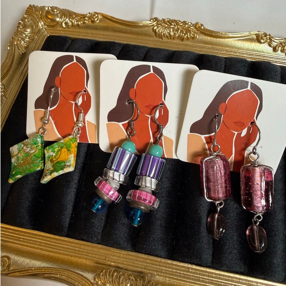 3 Pair Artisan Dangle Earrings Set Murano Style Glass Boho Handmade Jewelry